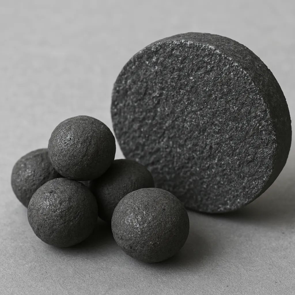 Dark grey / black spheres and briquettes, large textured briquette in foreground — Customized Silicon Carbide